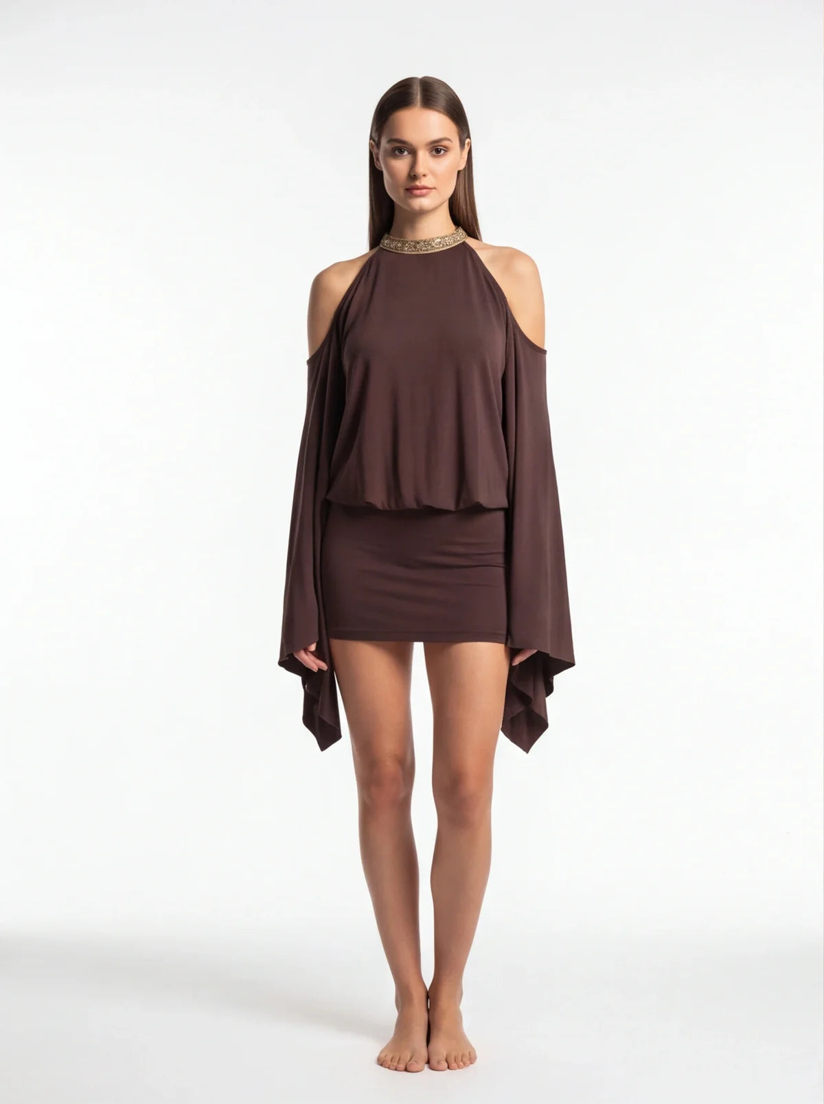 Chocolate Mini Dress Embroidered Butterfly