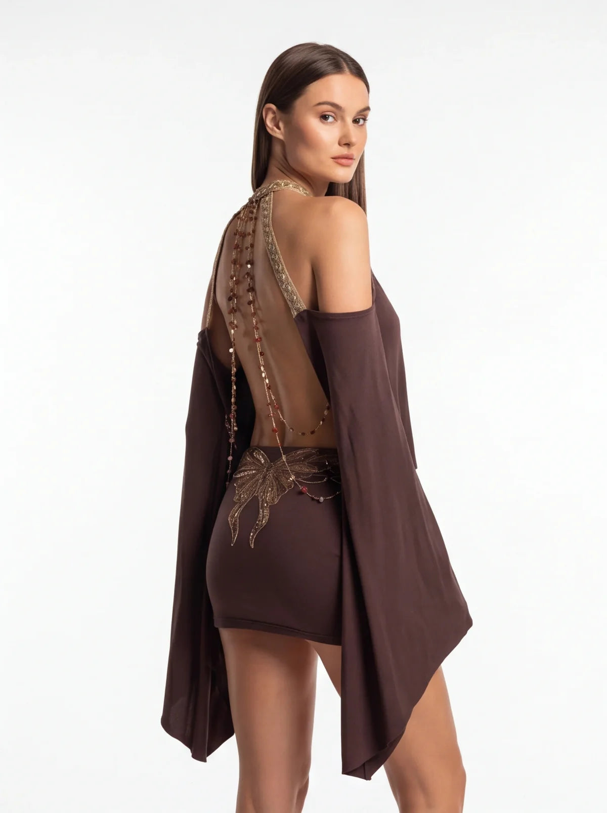 Chocolate Mini Dress Embroidered Butterfly