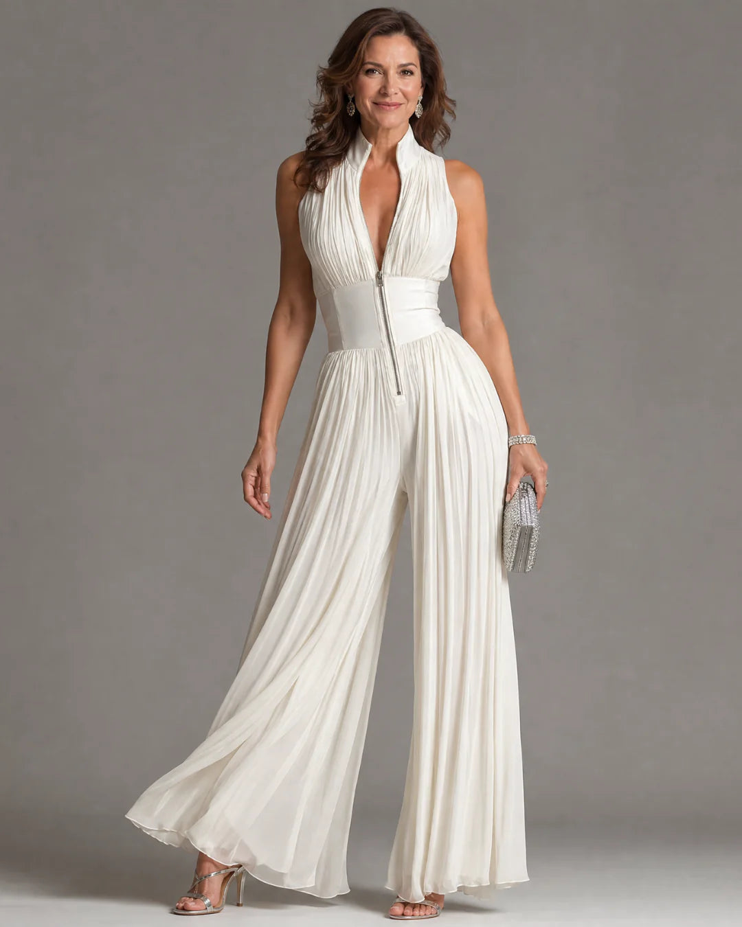 Pleated Halter Neck Wide Leg Jumpsuit