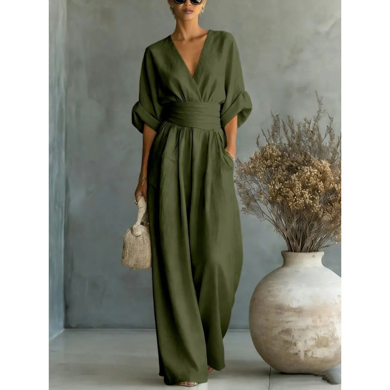 Women's V-Neck High-Waisted Wide-Leg Jumpsuit