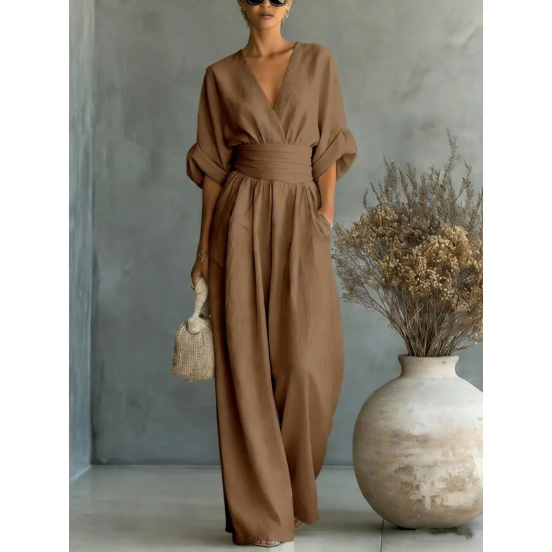 Women's V-Neck High-Waisted Wide-Leg Jumpsuit