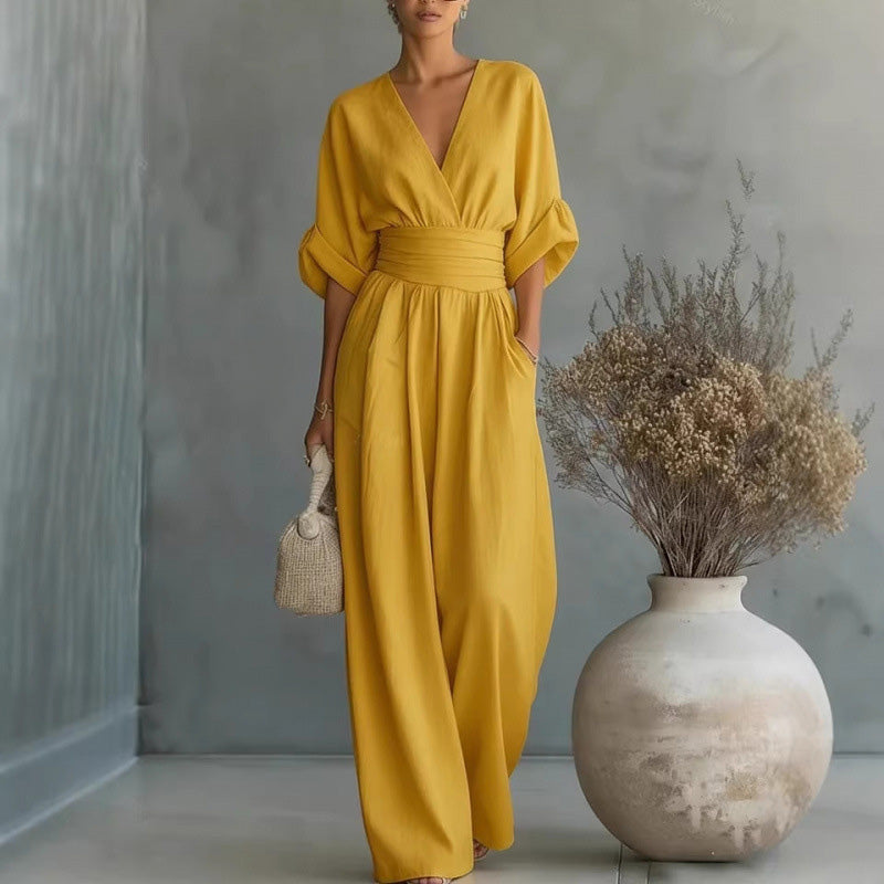 Women's V-Neck High-Waisted Wide-Leg Jumpsuit