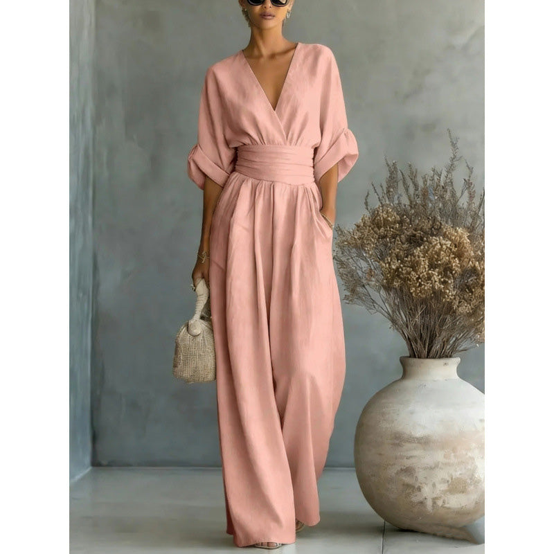 Women's V-Neck High-Waisted Wide-Leg Jumpsuit