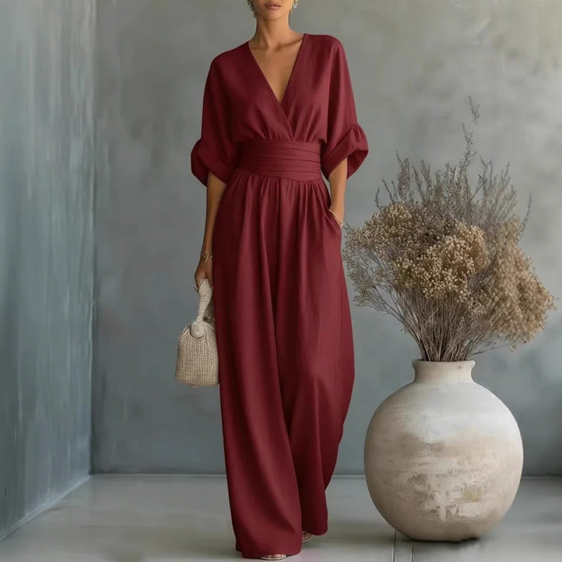 Women's V-Neck High-Waisted Wide-Leg Jumpsuit