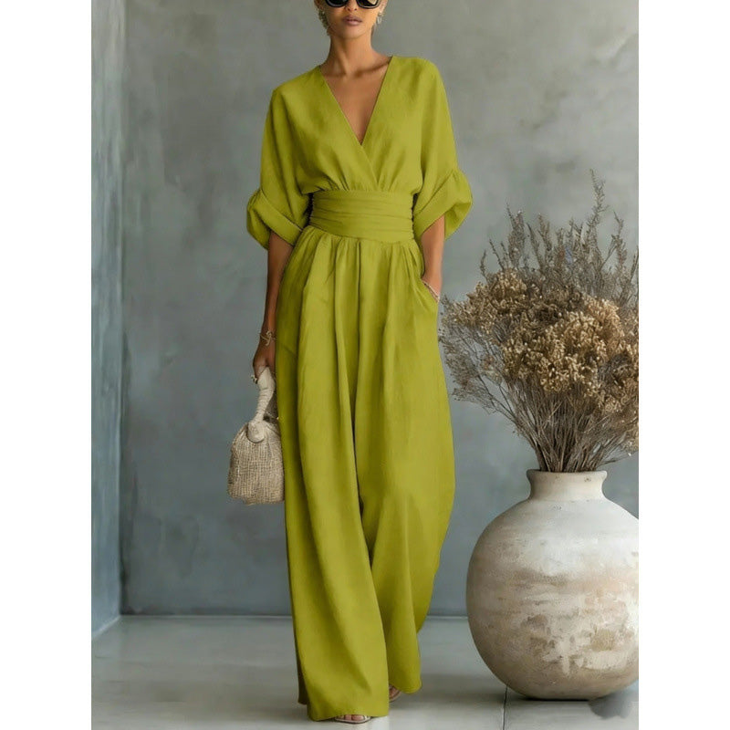 Women's V-Neck High-Waisted Wide-Leg Jumpsuit