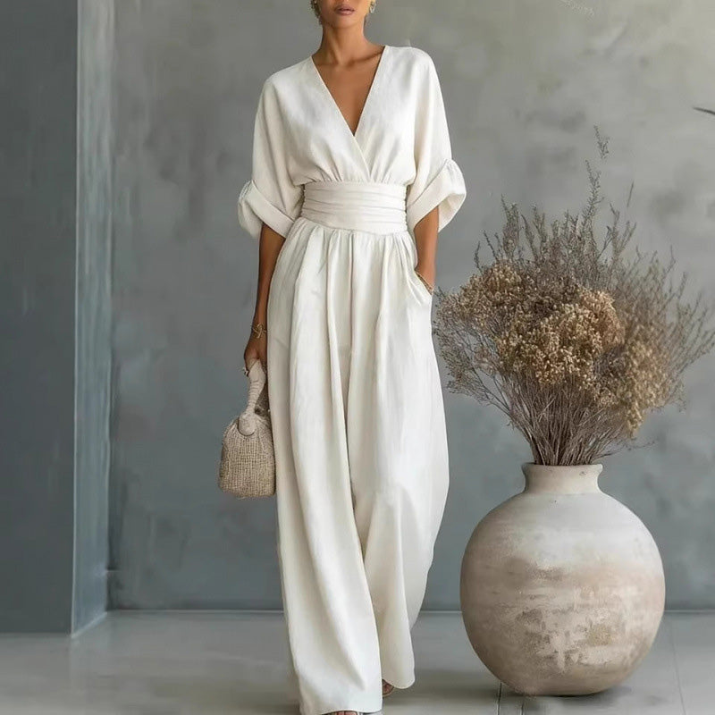 Women's V-Neck High-Waisted Wide-Leg Jumpsuit