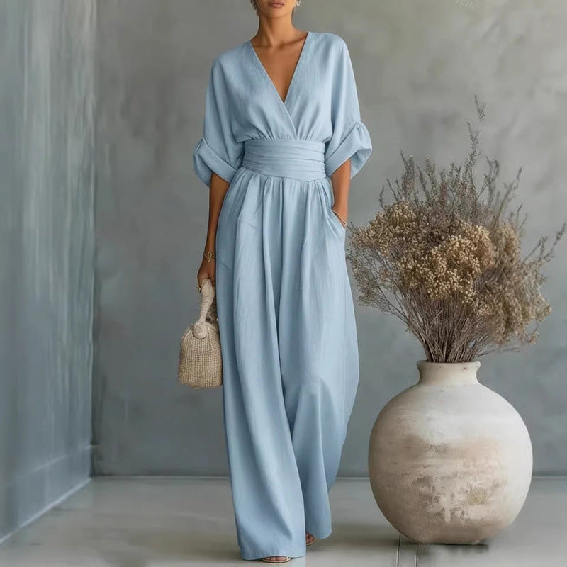 Women's V-Neck High-Waisted Wide-Leg Jumpsuit