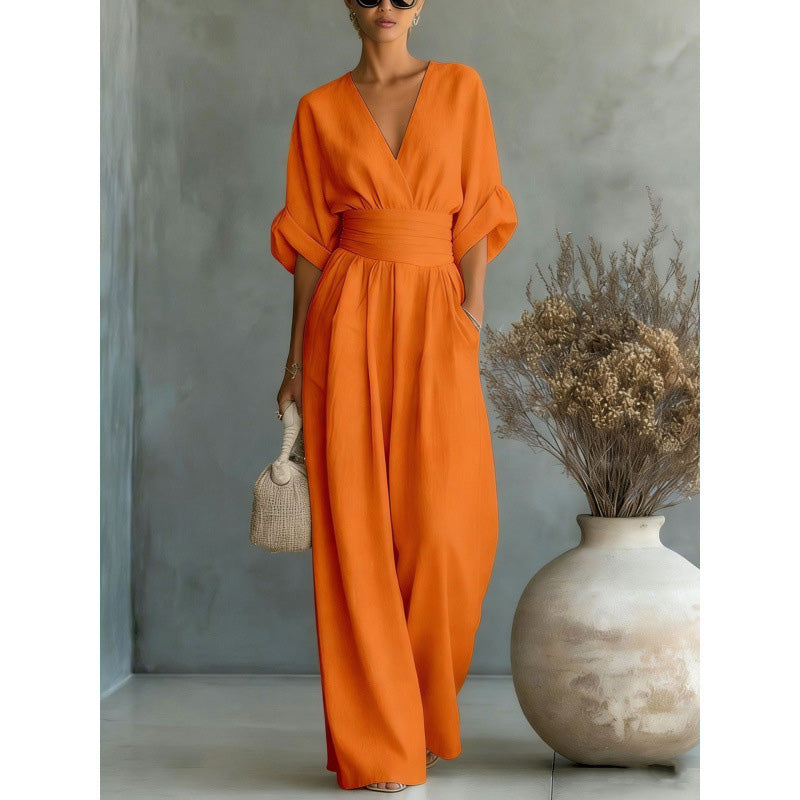 Women's V-Neck High-Waisted Wide-Leg Jumpsuit