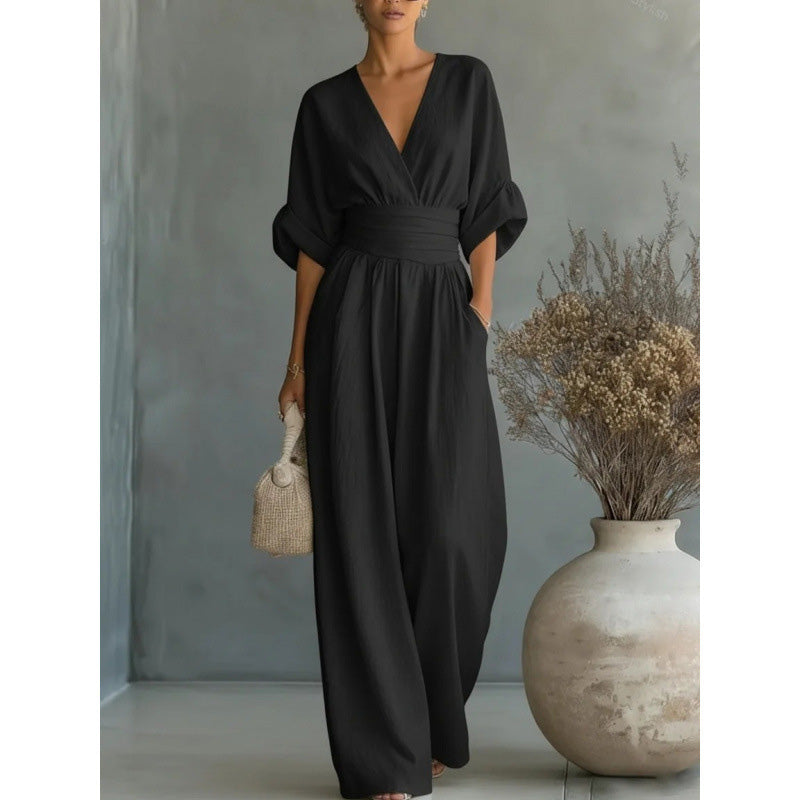 Women's V-Neck High-Waisted Wide-Leg Jumpsuit